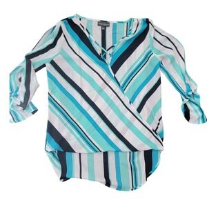 Bold Elements Striped Surplice Blouse Teal Navy White XS 3/4 Sleeve High Low Top